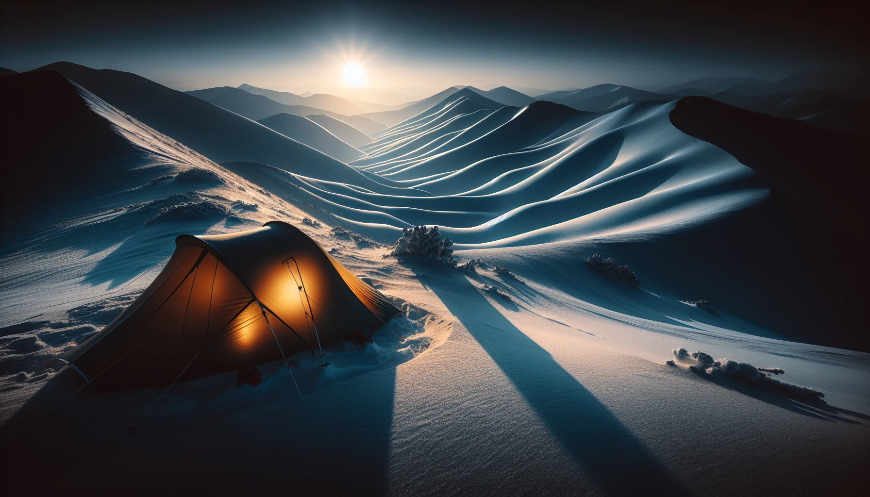 4-season snow camping tent pitched in snowy mountain landscape