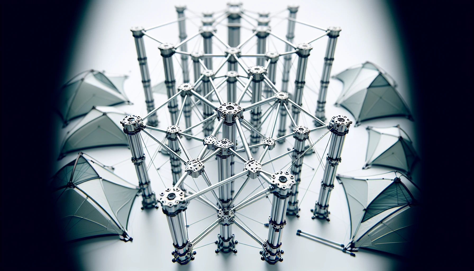 Lightweight camping tent poles and geodesic structure close-up