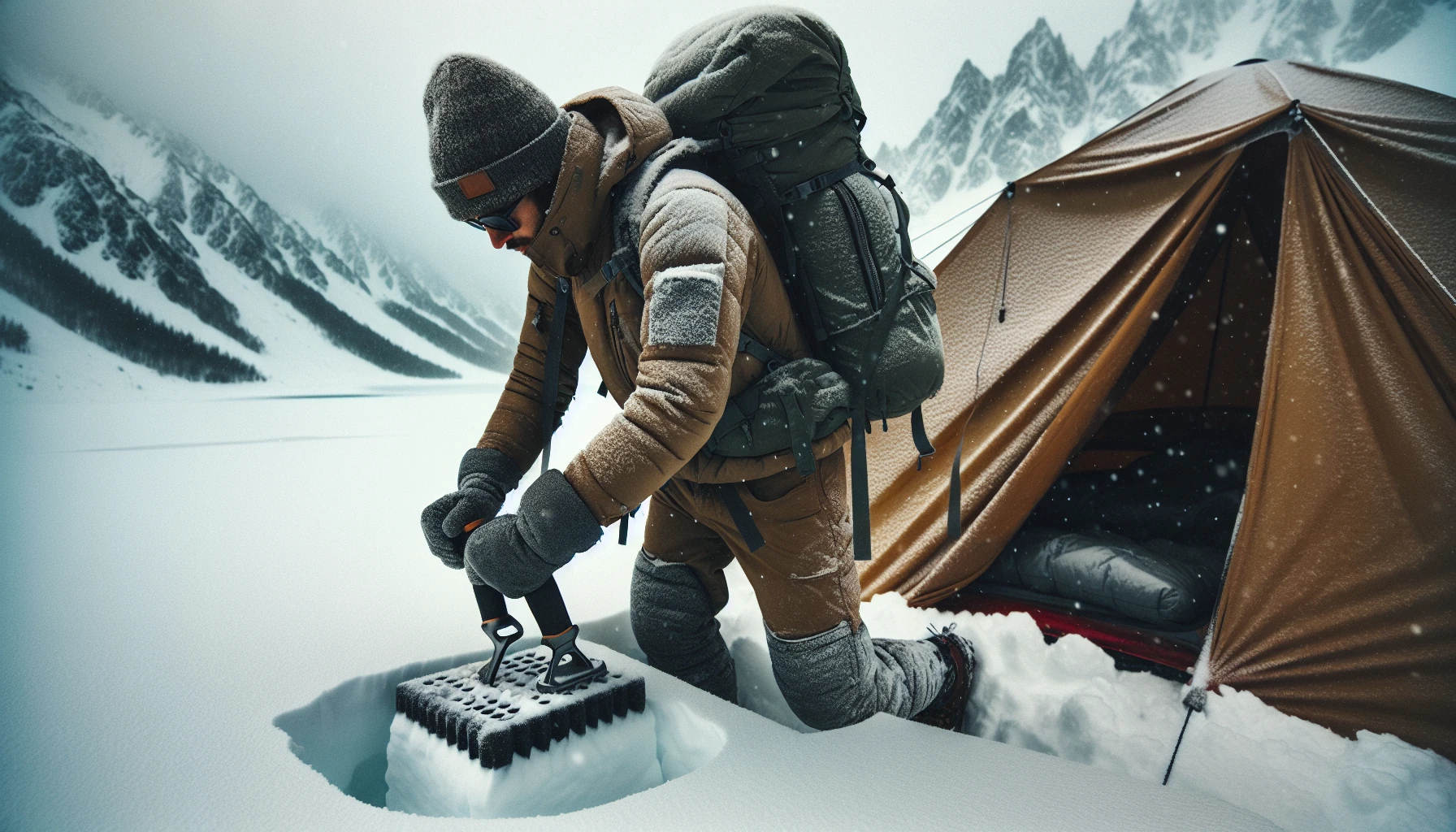Adventurer setting up winter campsite in heavy snowfall