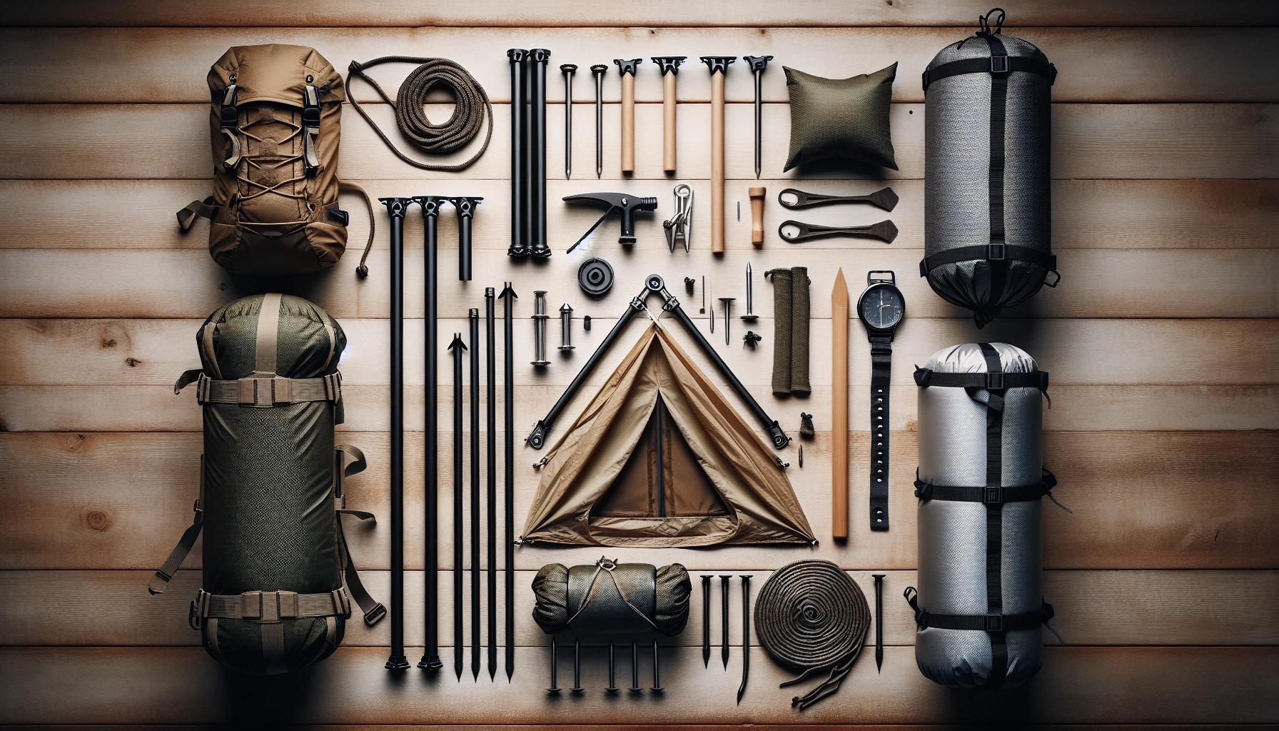 Camping tent components flat lay - poles, pegs, rainfly