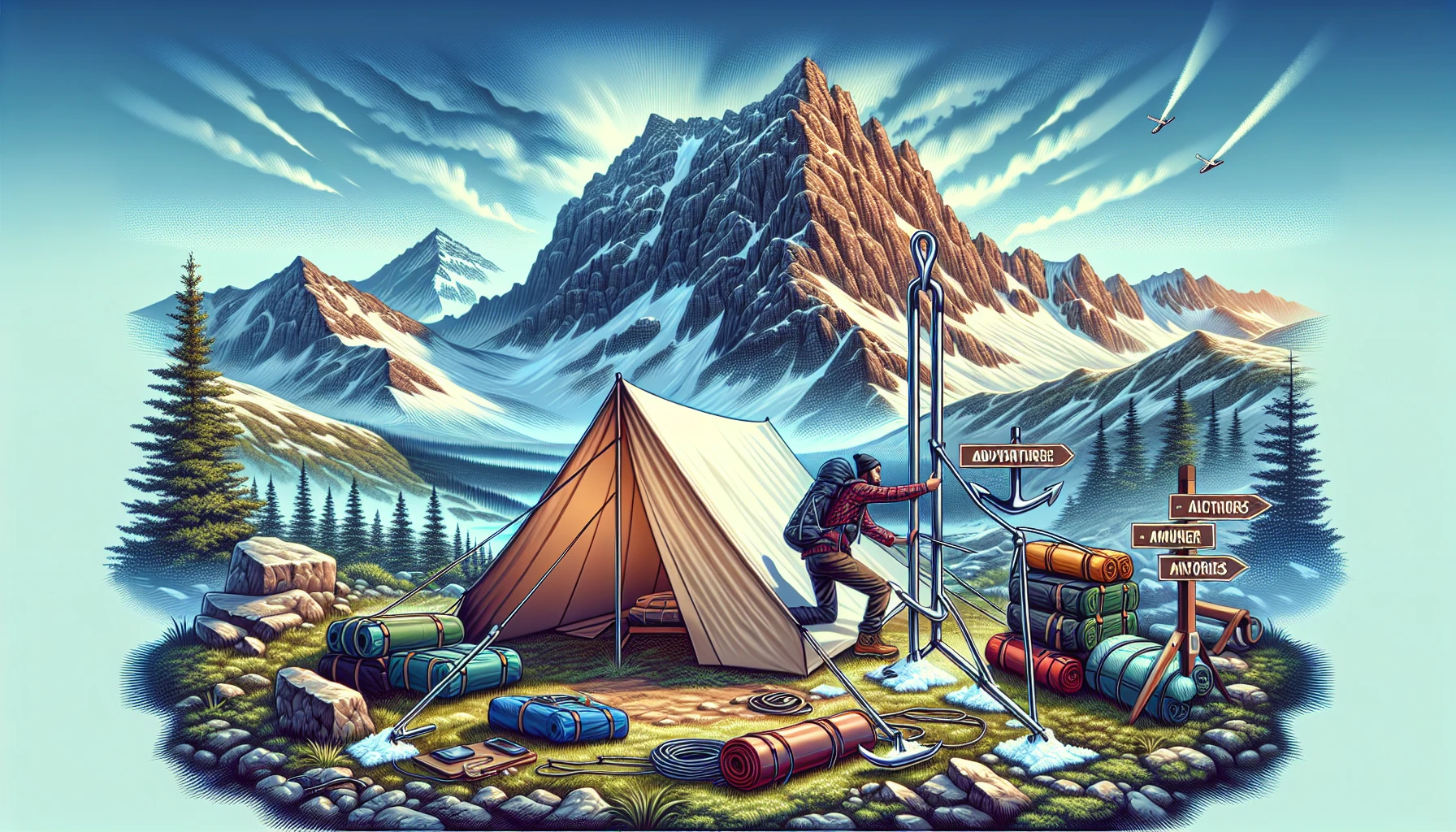 Camper staking out tent with snow anchors on alpine campsite