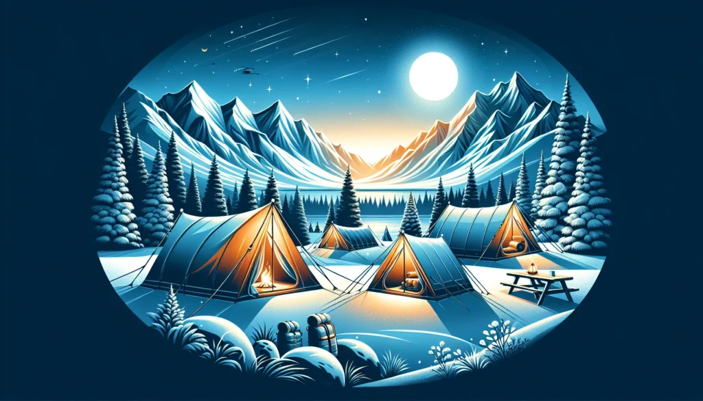 Snow camping tent in a winter mountain landscape